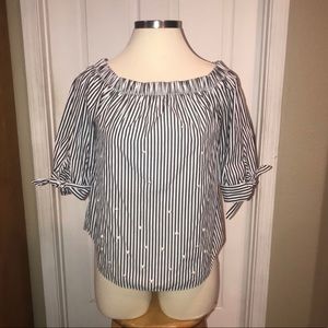 BCX Blouse, dark grey/ white , pearls on front, off shoulder or on . Size XL
